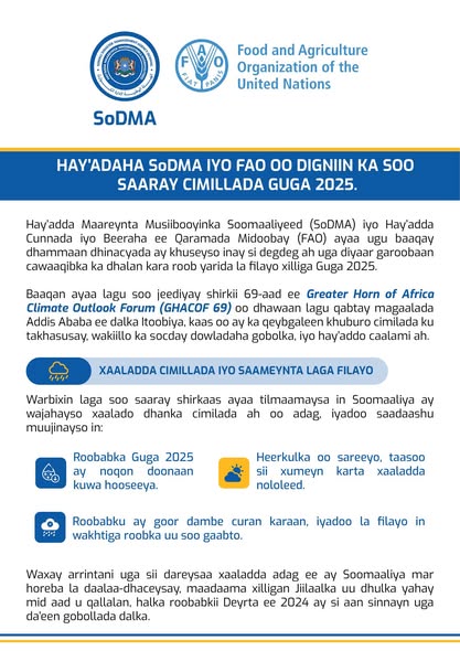 Hay’adaha SoDMA & FAO oo digniin kasoo saaray cimilada guga 2025